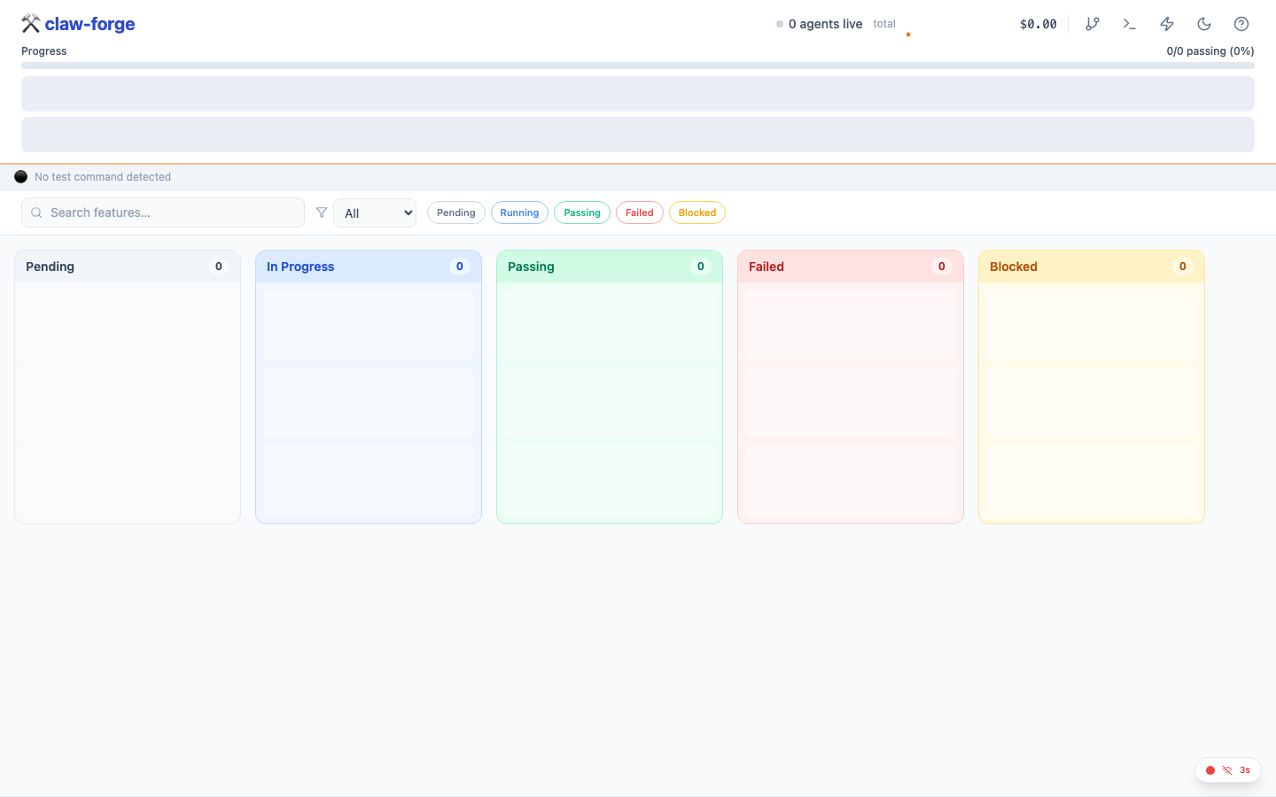 claw-forge Kanban board — full overview